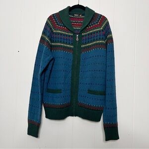 Farah Vintage 100% Wool Blue Green Zipped Cardigan Shawl Collar Fair Isle Mens L